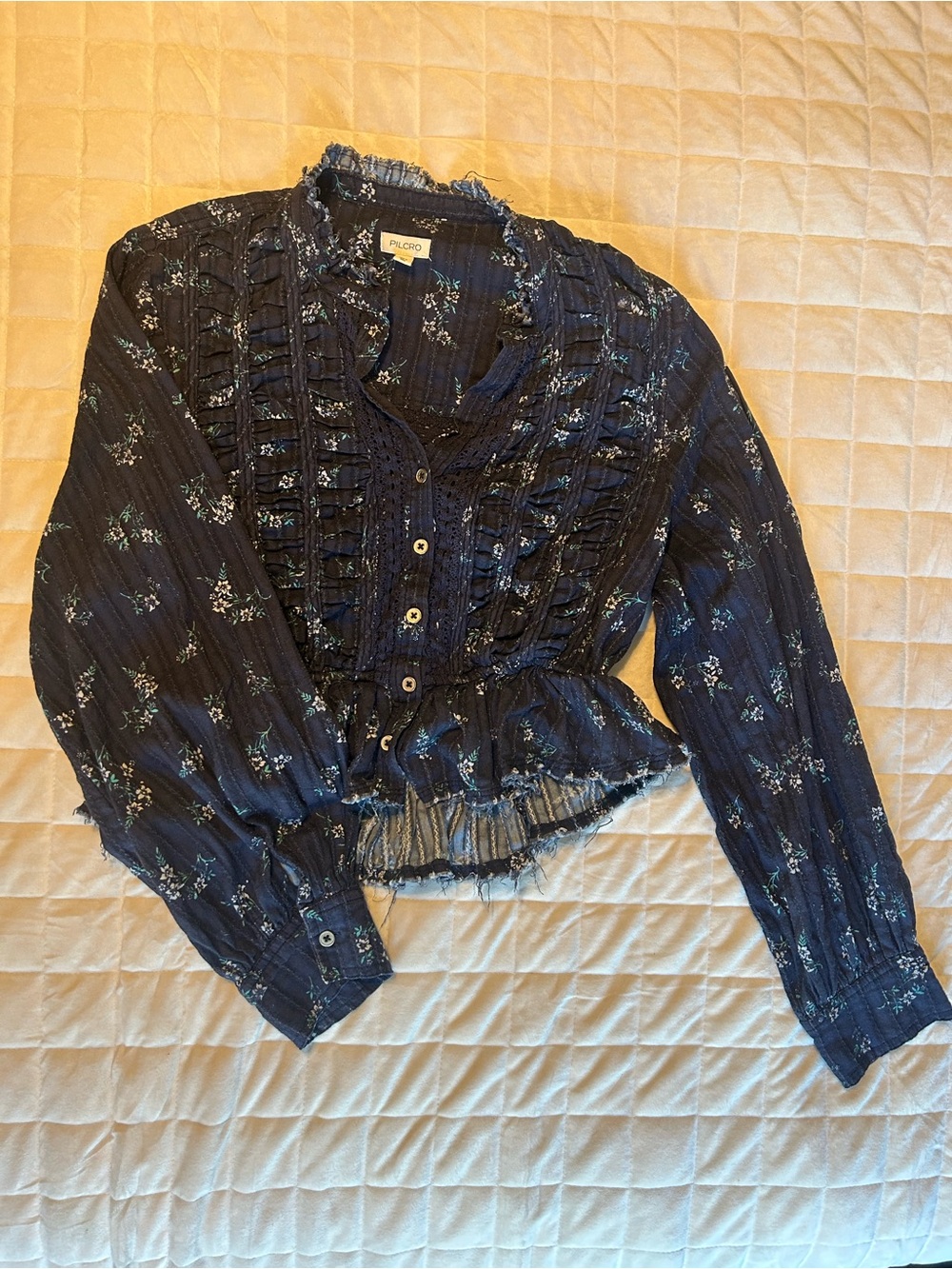 Pilcro Navy Ruffled Button-Front Long-Sleeve Top